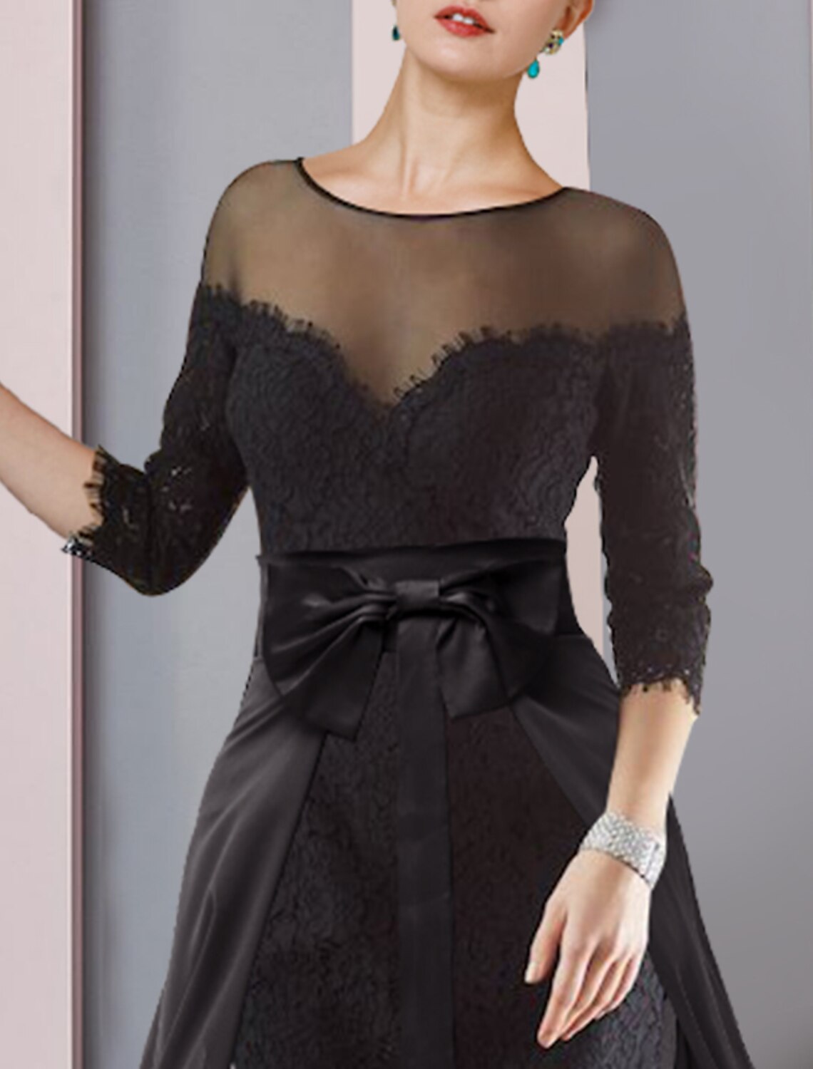 Wholesale  Two Piece Sheath / Column Mother of the Bride Dress Formal Wedding Guest Elegant detachable Scoop Neck Knee Length Chiffon Lace 3/4 Length Sleeve with Bow(s) Appliques